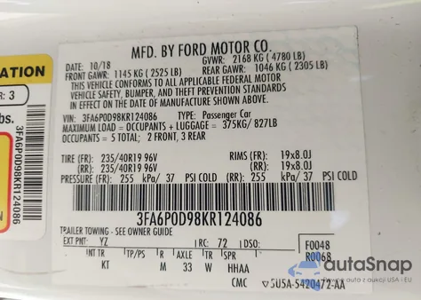 2019 Ford Fusion Titanium from USA, damaged, VIN 3FA6P0D98KR124086